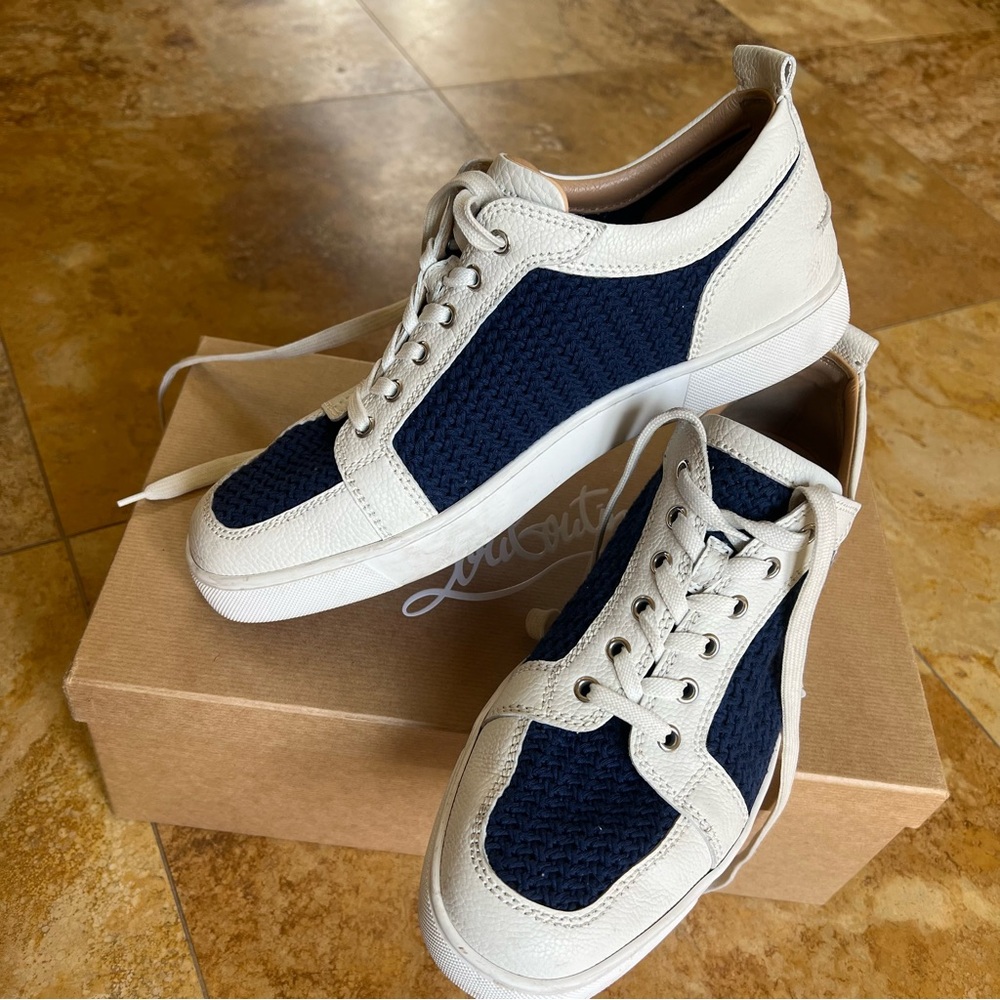 Men’s Christian Louboutin AC Rantulow Flat Jumbo Calf/Tricot in White/Navy - Picture 9 of 11